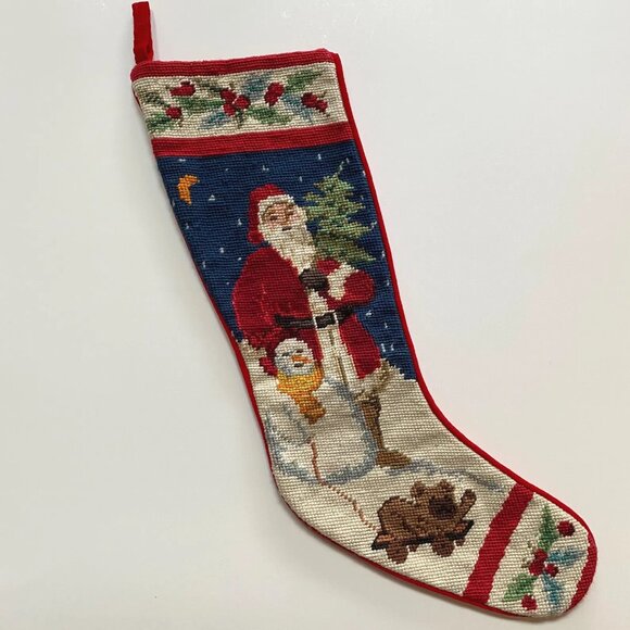 Vintage Needlepoint Christmas Stocking Santa and Snowman Xmas Holiday - Picture 1 of 5